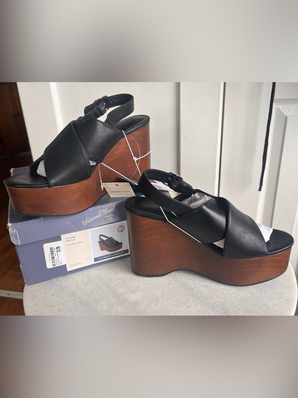Platform Sandals in Black with Wood-Tone Sole